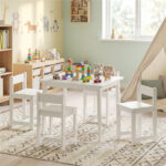 Kids Wooden Table and Chairs Set (1 Table + 4 Chairs), Rubber Wood Toddler Activity Set (White - Image 2