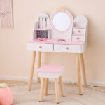 White and pink crown element, MDF + particleboard + solid wood legs, painted and melamine laminated, 4-drawer children's dressing table set - Image 2