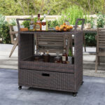Handwoven PE Rattan Outdoor Bar Cart with Tempered Glass Top & Drawer, 4 Wheels with Brakes Serving Cart for Patio - Image 11