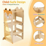 3-in-1 Convertible Toddler Learning Tower Step Stool with Chalkboard, Poplar Wood Flip Design Weaning Table Stool Set Anti-Tip Safety Guardrail 110 LBS Load for Kids 18+ Months Fox Pattern - Image 6