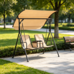 Beige 2-Seat Porch Swing with Adjustable Canopy, Built-in Storage Table & Cup Holders for Backyard - Image 7