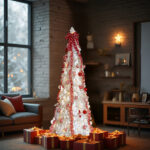 6 FT Fully Decorated Pre-lit Christmas Tree, Pop Up Artificial Xmas Tree with 100 Warm Lights and Red Ornaments for Home Office Store Holiday Deco, White - Image 11