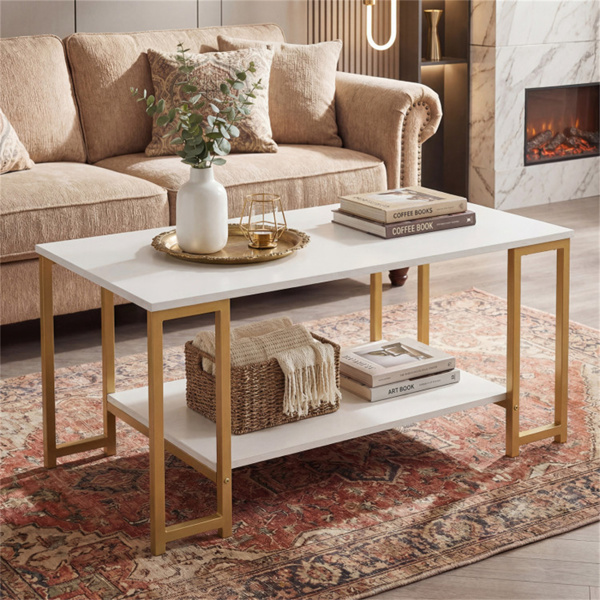 2-Tier Modern Coffee Table with Open Storage Shelf for Living Room & Robot Vacuum Friendly