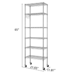 6-layer display rack with adjustable layer spacing, freely combinable and detachable, featuring a row of 6 side hooks, adjustable feet and wheels. Made of iron, 55*30*165cm, powder-coated silver-gray - Image 6