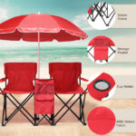 Portable Outdoor 2-Seat Folding Chair with Removable Sun Umbrella Red - Image 8