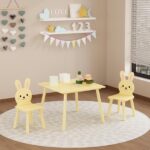 Kids Table and Chair Set with 2 Bunny Chairs, Children's Wooden Activity Table for Toddlers, Cute Animal Design Study Play Set for Playroom, Bedroom, Classroom - Cream Yellow - Image 3