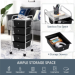 4 Drawers Metal Frame Storage Cart Rolling Bin Trolley, Black - Image 5