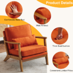 Mid-Century Modern Accent Chair with Wooden Frame - Oak Armrest, Linen-Cotton Burnt Orange Upholstery, Single Seater Lounge Chair for Living Room (Weight Capacity 330LBS) - Image 3
