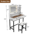 Makeup Vanity with LED Lighted Mirror, 360° Rotatable Mirror, Vanity Desk with 2 Drawers,Power Outlet and 3-Tier Shelves, Amber Glass Table Top, Dressing Table with Sturdy Metal Leg and Stool, White - Image 3