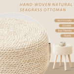 SKU:31479982 Round Ottoman Footstool Natural Seagrass Foot Stool Pouf Ottomans with Solid Wood Legs Hand Weave Hyacinth Footrest Step Stool for Living Room Balcony Garden Natural Temu - Image 5