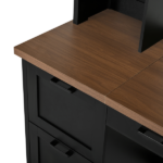 Farmhouse Arched Computer Desk with Hutch, Mid-Century Walnut Home Office Workstation with Charging Station & Keyboard Tray, All-in-One Writing Desk with File Drawer for Study, Office, Black - Image 11