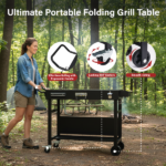 Portable Outdoor Grill Table Cart, Foldable Grill Cart with Wheels, Food Prep Table with Bottle Opener, Seasoning Tray, Rubbish Bag Holder, Black - Image 6