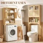 2-Door 3-Tier Toilet Cabinet Particleboard Melamine-Faced Bathroom Vanity Bathroom Cabinet with Rattan Surface 23.62*8.66*66.93in Natural Wood - Image 14