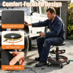 Black Adjustable Rolling Mechanic Stool with 2-Tier Tool Storage Trays, PU Leather Pneumatic Height Adjustable Workshop Seat with 5 Casters Holds 265LBS for Garage Repair - Image 6