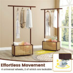 2-in-1 Bamboo Clothing Rack with Rolling Wheels & 60L Storage Basket - Brown - Image 8