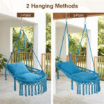 Navy Boho Macrame Hanging Swing Chair with 2 Padded Cushions, 330LBS Capacity Hammock Chair for Indoor Outdoor Bedroom Patio Balcony - Image 2