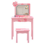 Pink MDF + solid wood legs, spray paint + silkscreen printing, cow pattern, 1-drawer children's dressing table set, LED three-color backlit touch switch - Image 4