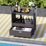 Handwoven PE Rattan Outdoor Bar Cart with Tempered Glass Top & Drawer, 4 Wheels with Brakes Serving Cart for Patio - Image 9
