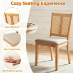 2 Pack Rubber Wood Dining Chairs, PVC Woven Rattan Back Side Chairs with Padded Fabric Seat, Ergonomic Armless Kitchen Chairs Supports 380LBS Each - Image 4