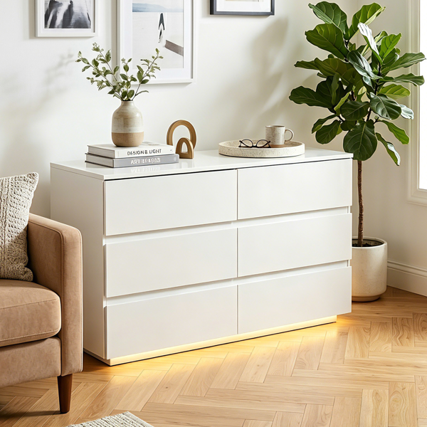 Handle-Free 6-Drawer Storage Cabinet Chest of Drawers with USB-Powered RGB LED Strip 47.24*15.75*27.56in High-Gloss White