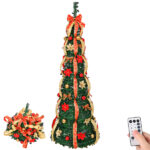 6 FT Fully Decorated Pre-lit Christmas Tree, Pop Up Artificial Xmas Tree with 150 Warm Lights Battery Operated and Red & Golden Ornaments for Home Office Store Holiday Deco - Image 9