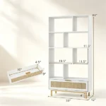 White Rattan Drawer Bookcase with 8 Open Cubbies, Freestanding Engineered Wood Storage Display Shelf with Anti-Toppling Device for Living Room Bedroom - Image 9