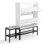 Barn door style shoe cabinet with 2 flip-down compartments, baffle, wire mesh, metal legs with soft pads, and 1 hook. Made of particleboard. Dimensions: 120*24*120cm. Color: White - Image 2