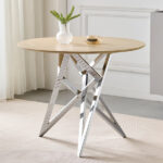 37Inch Round Dining Table, Small Round Kitchen Table With Silver Metal Legs, Suitable For 2 To 4 People, Modern Dining Room Table, Burlywood. - Image 3