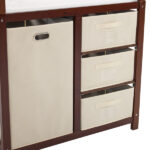 Brown painted pine wood frame children's bed with removable top, 87*53*87.5cm, includes 3 fabric drawers and 1 fabric bag, and a changing table - Image 12