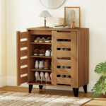 24" Farmhouse Shoe Cabinet with 2 Louvered Doors - 4-Tier Shelves, 3 Adjustable Layers (Natural Wood Grain) - Image 3