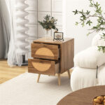 Set of 2 Bohemian 2-Drawer Bedside Table, 54.61×40.64×55.88 cm Natural Pine Wood Legs Nightstand, 88 lbs Capacity for Bedroom Living Room - Image 5