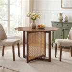 37.5" Round Dining Table for 2-4 People, Mid-Century Modern Kitchen Table with PE Rattan & Rubber Wood Legs - Image 2