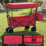 Foldable Utility Wagon,Adjustable Handle Outdoor Wagon, Puncture-Proof Wheels with Brakes, Removable Bag & Side Pockets-Red - Image 7