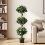 51" Artificial Boxwood Topiary Tree with 59 Flowers, Realistic Faux Evergreen Plant - White - Image 2