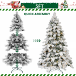 Artificial 6ft Flock LED-lit Christmas Tree with 594PE/PVC Mixed Branch Tips,Hinged Premium & Foldable Base for Indoor Holiday Decorating - Image 3