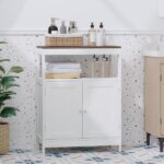 Modern Storage Cabinet with Double Doors, Free-Standing Bathroom Cabinet with Adjustable Shelf and Natural Wood Top, Multi-Purpose Organizer for Kitchen, Living Room, Bathroom or Entryway – White - Image 4