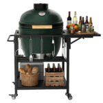 Outdoor Grill Table for Big Green Egg Style BBQ, Heavy Duty Metal Cart Prep Table with Wheels, Storage Shelf, Hooks and Removable Central Cover, Compatible with Large Big Green Egg Grill - Image 4