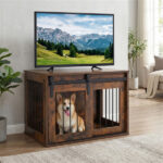 31.5" Dog Crate Furniture with Sliding Barn Door, Wooden Dog Kennel End Table for Indoor Use - Rustic Brown - Image 2
