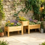 Set of 3 Natural Wooden Elevated Planter Boxes with Legs & Liner for Vegetables, Herbs & Flowers