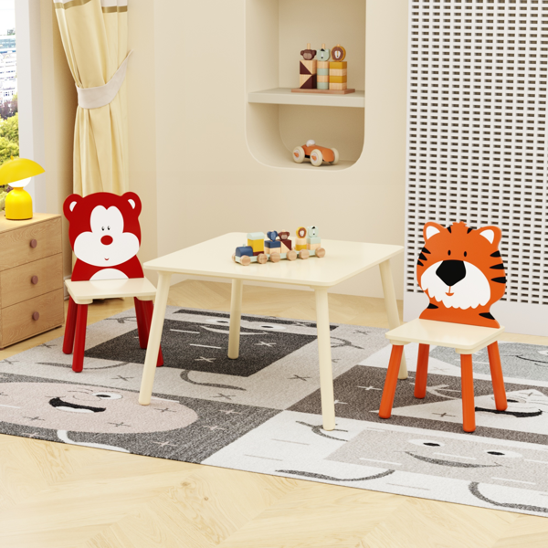29726127_1 Kids Table and 2 Chairs Set, 3 Pieces Toddler Table and Chair Set, Wooden Activity Play Table Set (Bear&Tiger) - Image 1