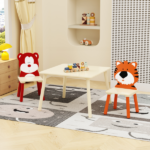 Kids Table and 2 Chairs Set, 3 Pieces Toddler Table and Chair Set, Wooden Activity Play Table Set (Bear&Tiger) - Image 2