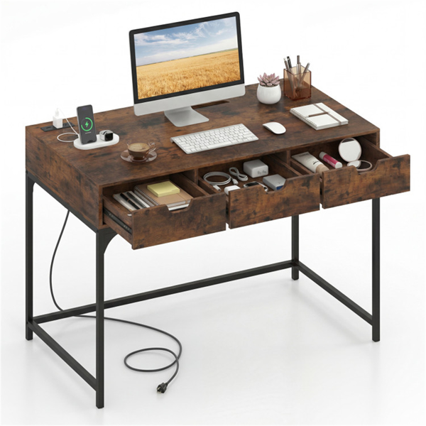 43.5" Home Office Desk with Built-in Charging Station & 3 Drawers Hidden Compartment