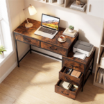 5 Drawer Computer Desk with Reversible Drawers & Printer Shelf, Industrial Home Office Writing Desk with Metal Frame - Rustic Brown - Image 7