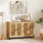 Natural PE Rattan Large Buffet Sideboard (50"), 4-Door Design with Removable Adjustable Shelves - Image 8