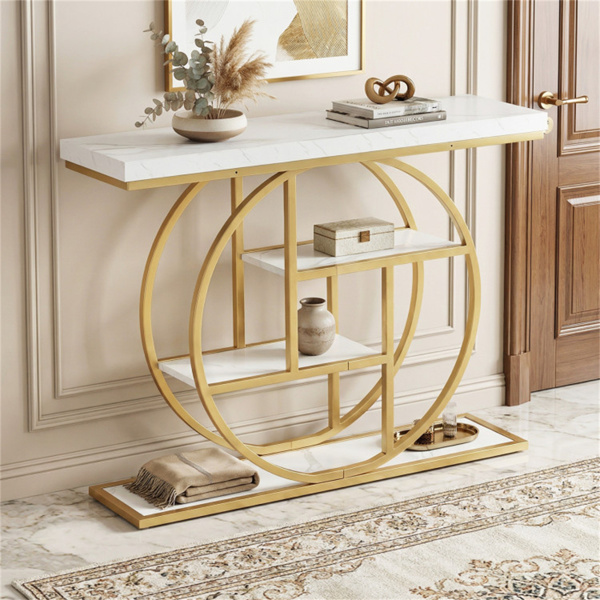 41 Inch Console Table with 3 Tier Open Shelves, Modern Entryway Sofa Table with O-Shaped Metal Frame for Living Room Hallway - White