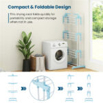 Blue 4-Tier Foldable Clothes Drying Rack with Wheels, Heavy Duty Metal Laundry Hanger Stand for Indoor Outdoor Use - Image 7