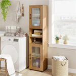 67" Tall Slim Bathroom Storage Cabinet with Fluted Doors, Adjustable Shelf Freestanding Narrow Organizer - Natural - Image 7