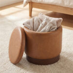 Brown 360° Swivel Storage Ottoman, 43.18×45.72cm Faux Leather Vanity Stool with 26.50L Hidden Space - Image 6