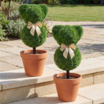 2 Pack Whimsical Bear Topiary Trees Artificial Boxwood Greenery with Golden Bows for Indoor Outdoor Spring Decor - Image 7