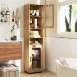 67" Tall Slim Bathroom Storage Cabinet with Fluted Doors, Adjustable Shelf Freestanding Narrow Organizer - Natural - Image 8